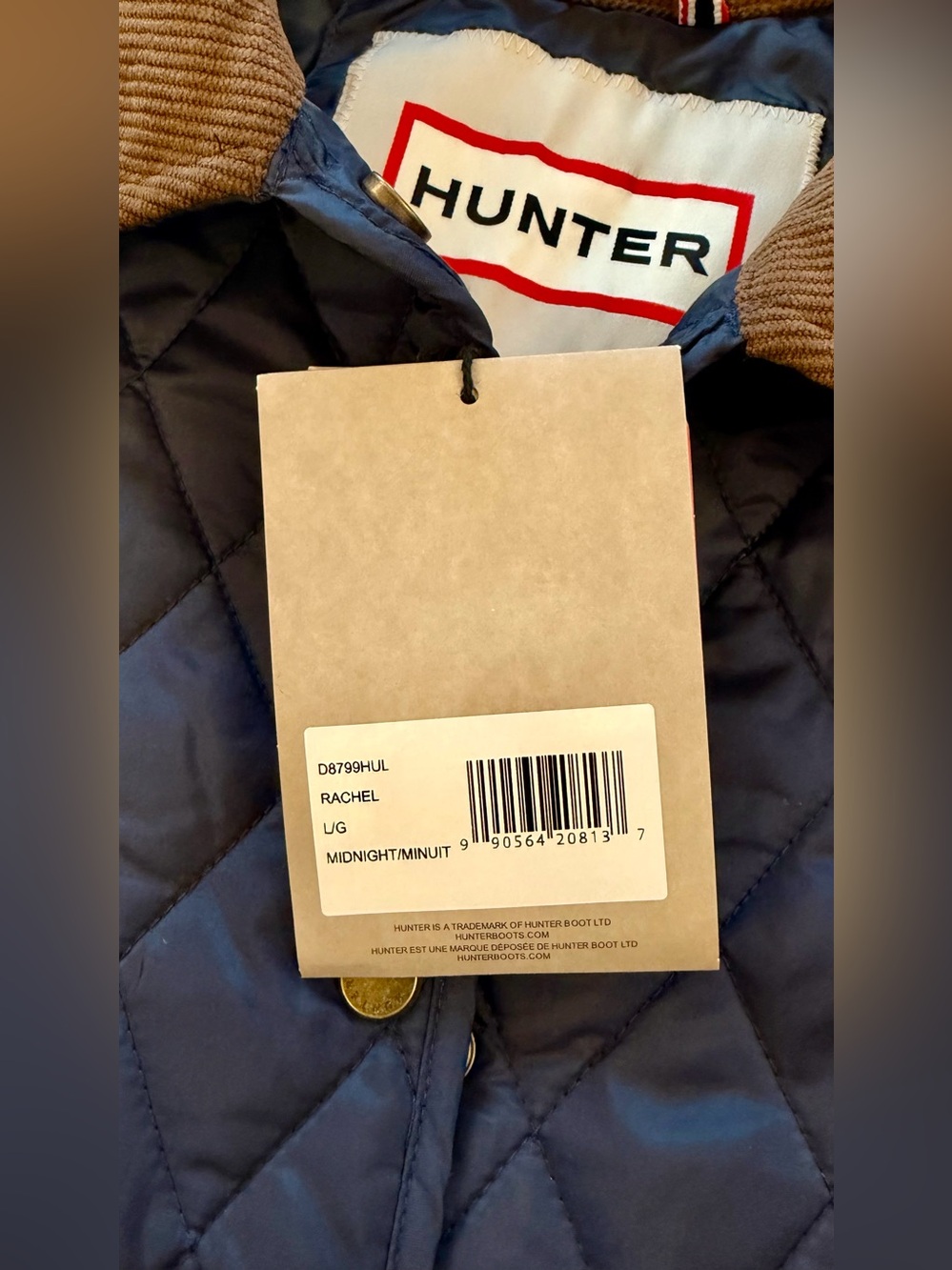 Hunter Rachel Navy Quilted Puffer Jacket with Brown Corduroy Collar Women New - Picture 6 of 13
